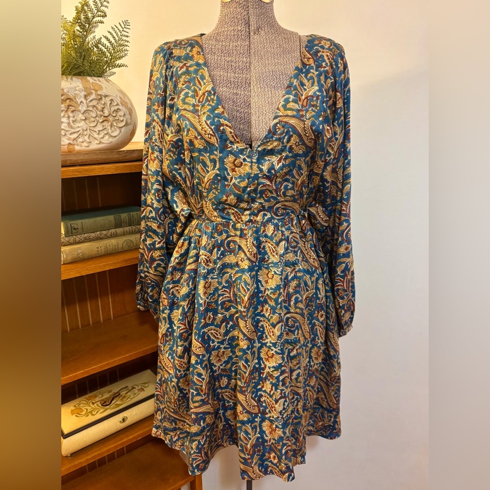NEW EF India V Neck Cotton Printed Above Knee Dress Waist Tie POCKETS! XS Lined